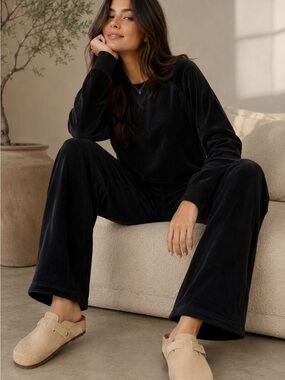 Pact Pure Velour Black Crewneck & Wide Leg Trouser Lounge Pants Organic Set